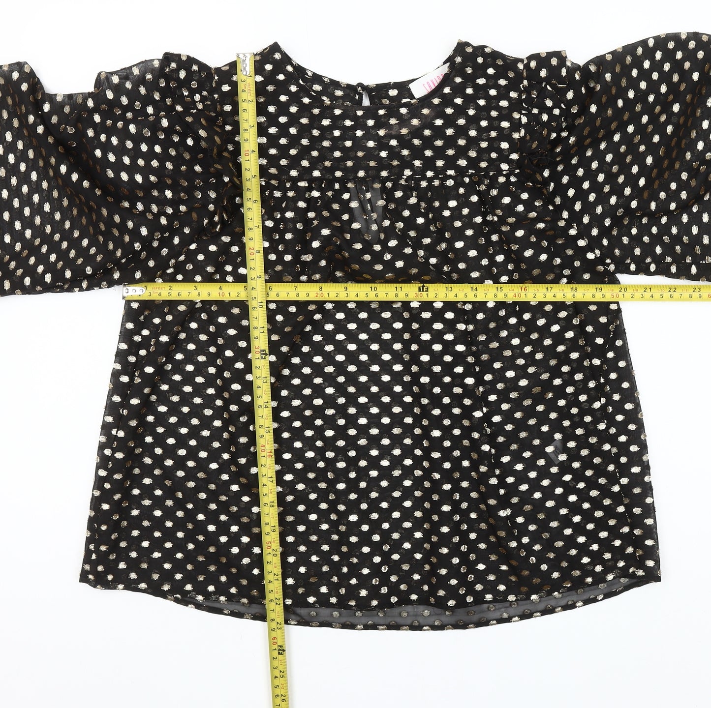 Savida Women’s Black Gold Polka Dot Long Sleeve Ruffle Blouse Size 10