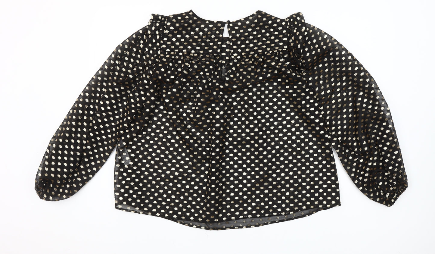 Savida Women’s Black Gold Polka Dot Long Sleeve Ruffle Blouse Size 10
