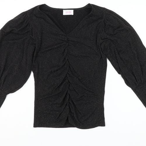 Savida Women Black Puff Sleeve V-Neck Ruched Blouse Size 10
