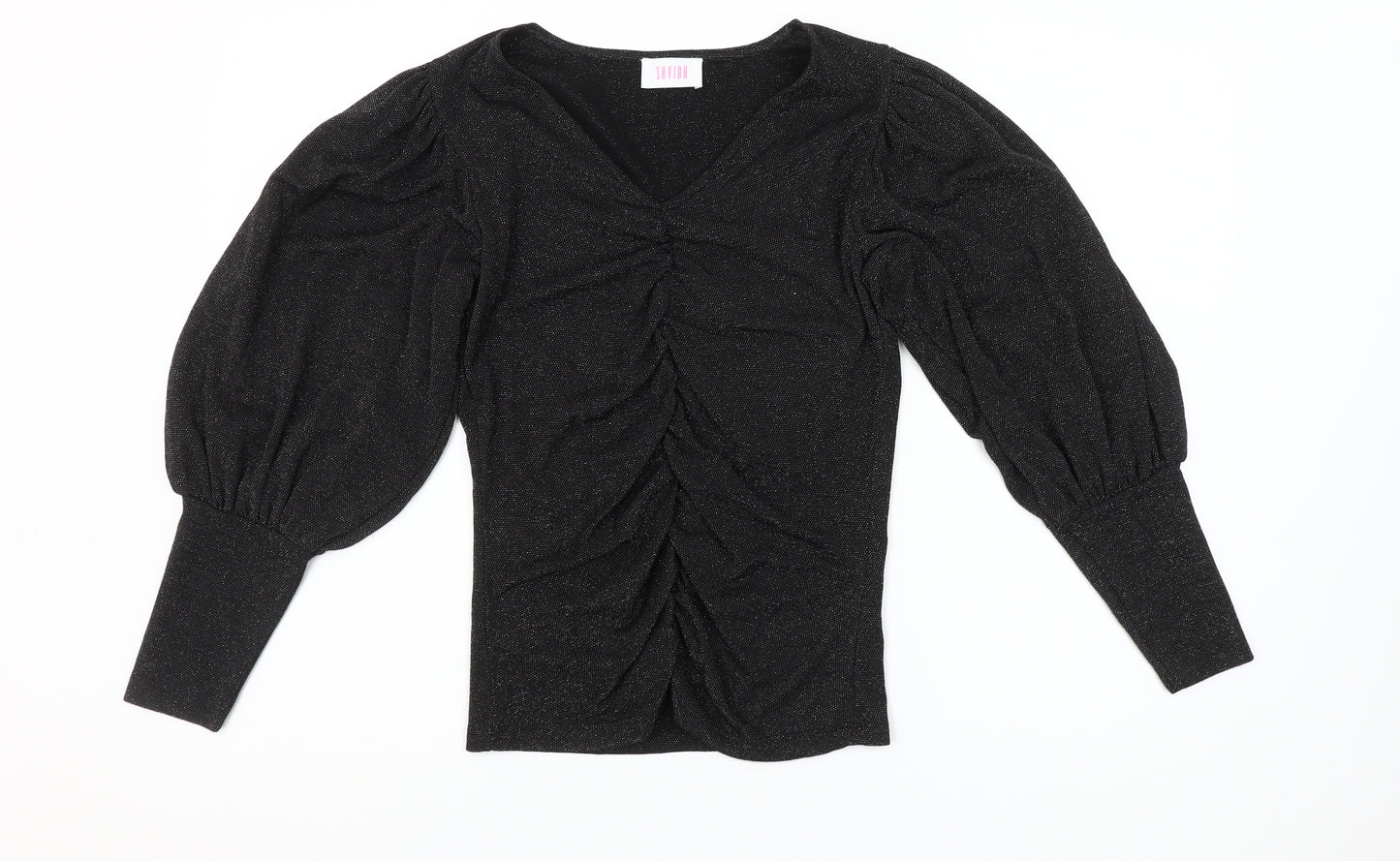 Savida Women Black Puff Sleeve V-Neck Ruched Blouse Size 10