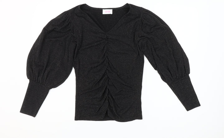 Savida Women Black Puff Sleeve V-Neck Ruched Blouse Size 10