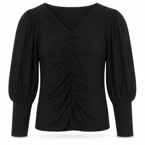 Savida Women Black Puff Sleeve V-Neck Ruched Blouse Size 10
