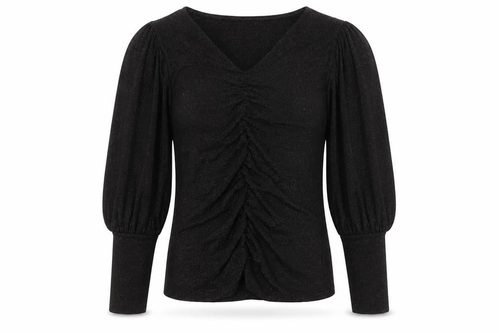 Savida Women Black Puff Sleeve V-Neck Ruched Blouse Size 10