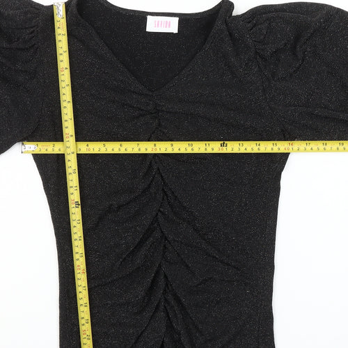 Savida Women Black Puff Sleeve V-Neck Ruched Blouse Size 10