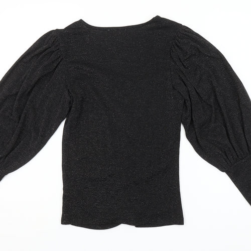 Savida Women Black Puff Sleeve V-Neck Ruched Blouse Size 10