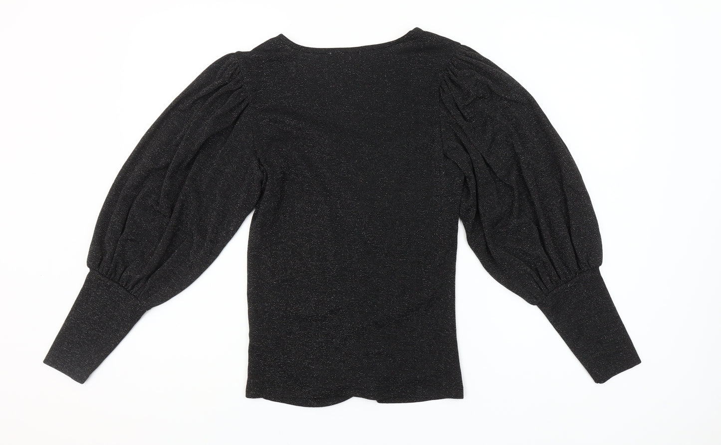 Savida Women Black Puff Sleeve V-Neck Ruched Blouse Size 10
