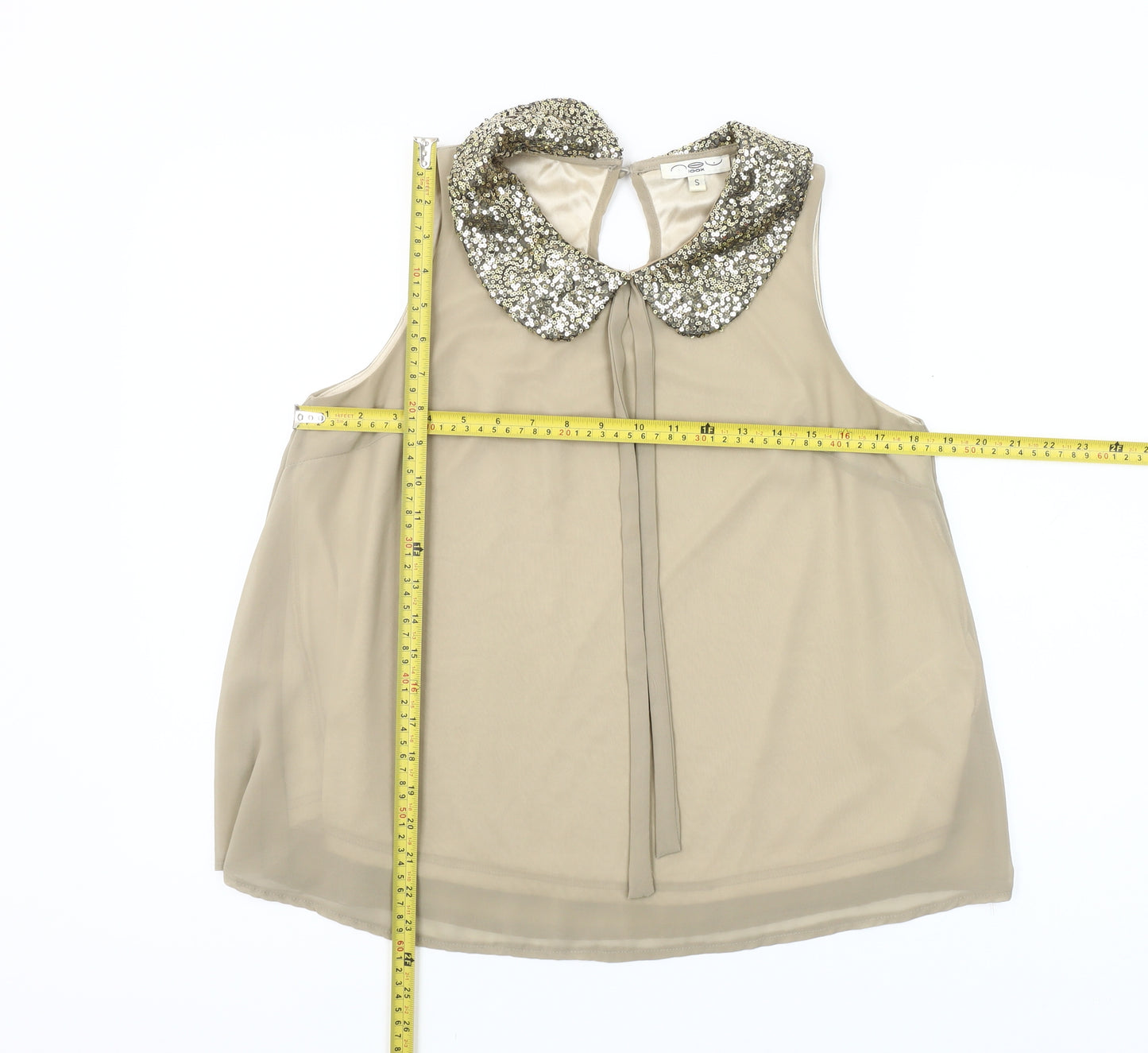 New Look Women's Beige Sequin Collar Sleeveless Blouse Size S