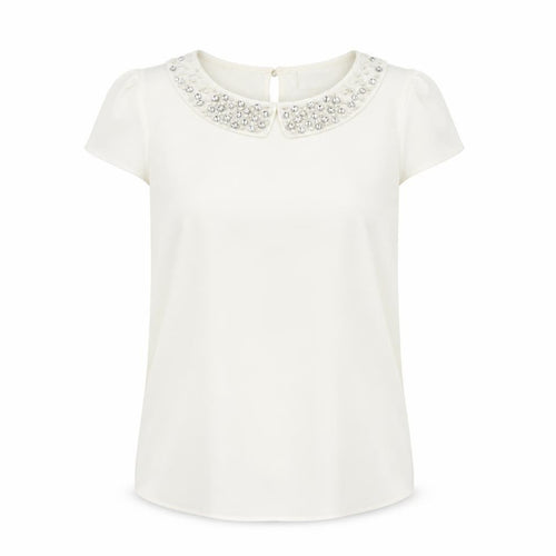 Savida Women’s Ivory Beaded Collar Short Sleeve Blouse UK 10