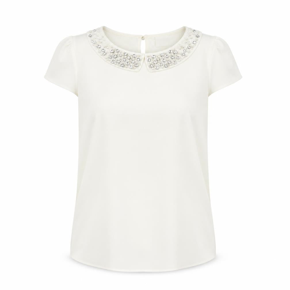 Savida Women’s Ivory Beaded Collar Short Sleeve Blouse UK 10