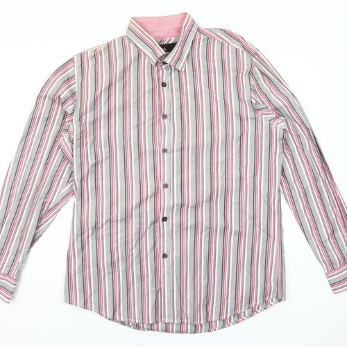 DV8 Men’s Grey Pink Striped Long Sleeve Cotton Button-Up Shirt Size L