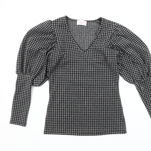 Savida Women's Black Houndstooth Puff Sleeve V-Neck Knit Blouse XS
