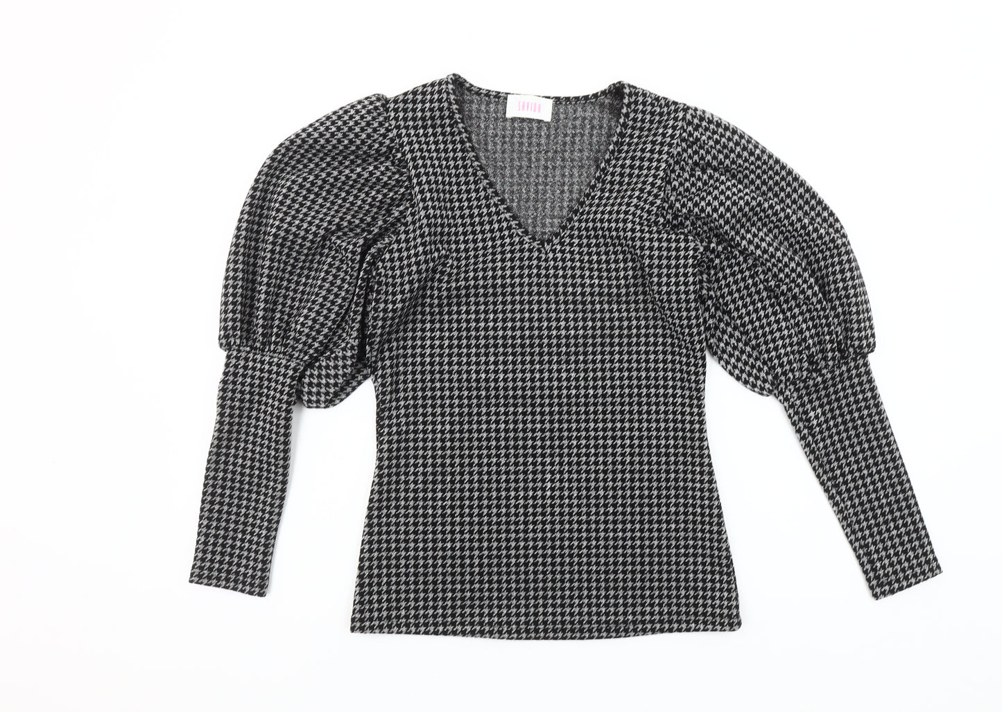 Savida Women's Black Houndstooth Puff Sleeve V-Neck Knit Blouse XS