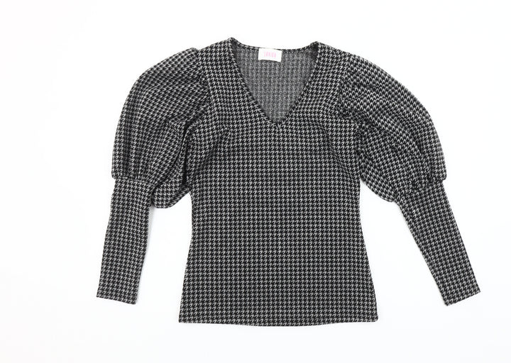 Savida Women's Black Houndstooth Puff Sleeve V-Neck Knit Blouse XS