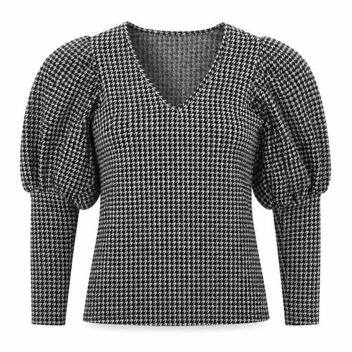 Savida Women's Black Houndstooth Puff Sleeve V-Neck Knit Blouse XS