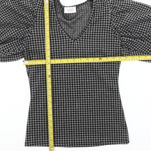 Savida Women's Black Houndstooth Puff Sleeve V-Neck Knit Blouse XS