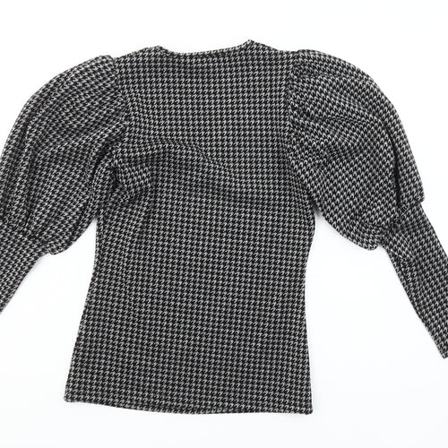 Savida Women's Black Houndstooth Puff Sleeve V-Neck Knit Blouse XS