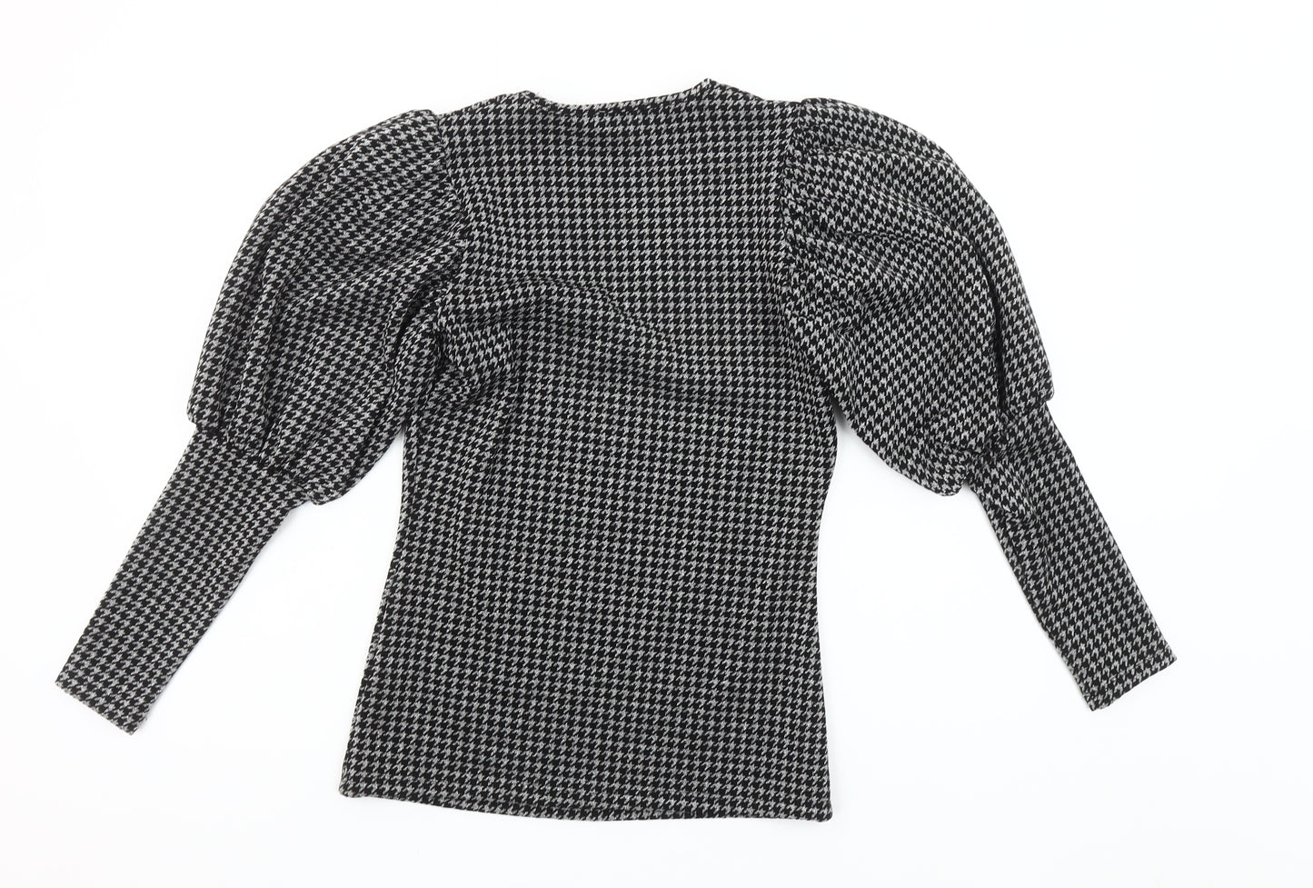 Savida Women's Black Houndstooth Puff Sleeve V-Neck Knit Blouse XS