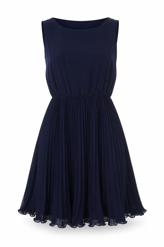 Front view of A|wear Women’s Blue A-Line Pleated Chiffon Dress, size UK 6