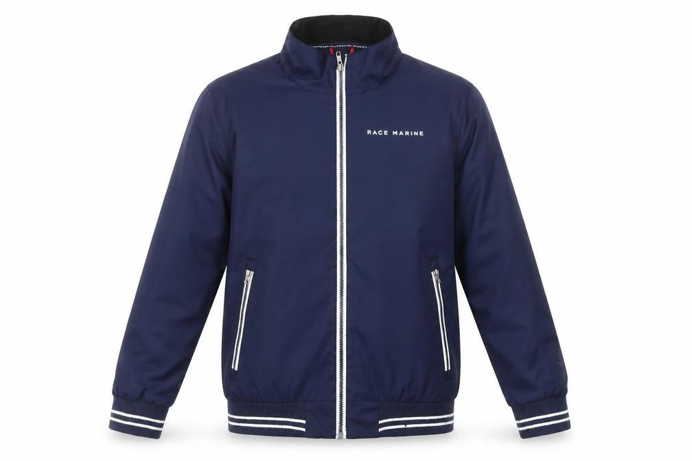 Front view of Race Marine boys’ blue polyester bomber jacket, size 146, full zip