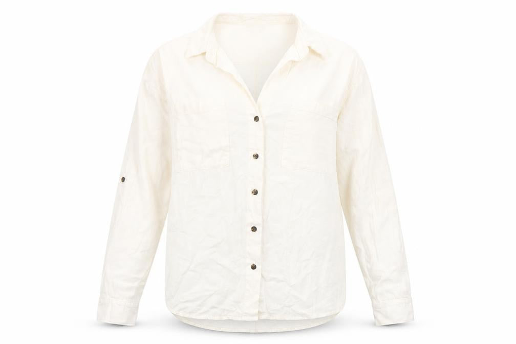 Front view of Only Women's Ivory Linen Blend Button-Up Shirt, size S