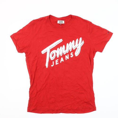 Tommy Jeans Men's Red Cotton Logo Crew Neck T-Shirt Size L