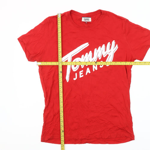 Tommy Jeans Men's Red Cotton Logo Crew Neck T-Shirt Size L