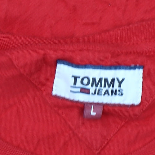 Tommy Jeans Men's Red Cotton Logo Crew Neck T-Shirt Size L