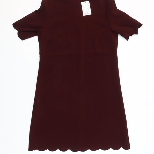 H&M Women Red Shift Dress Size 10 Short Sleeve Scallop Hem Workwear