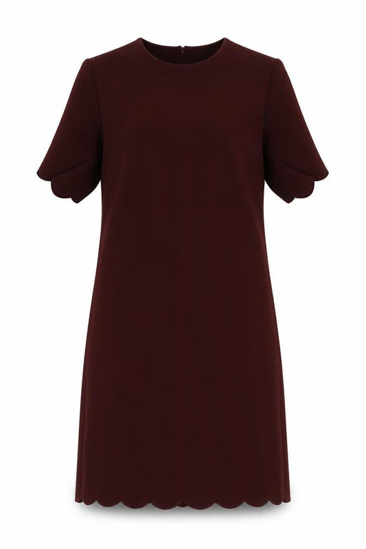 Front view of H&M Women Red Shift Dress, size 10, Short Sleeve Scallop Hem Workwear