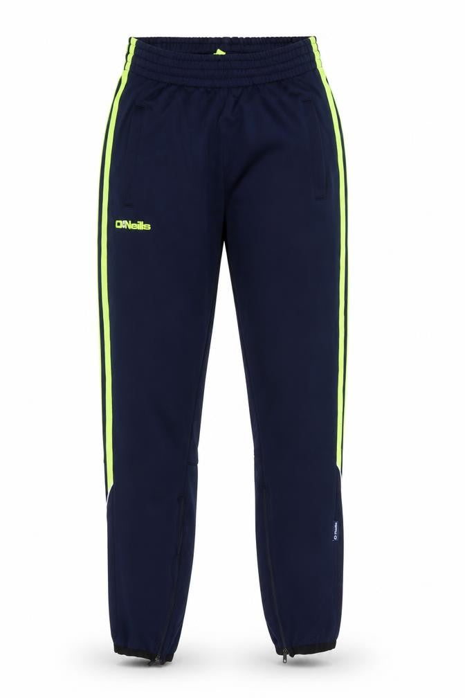 Front view of O'Neill Women's Navy Jogger Trousers Small Green Stripe Zip Ankle