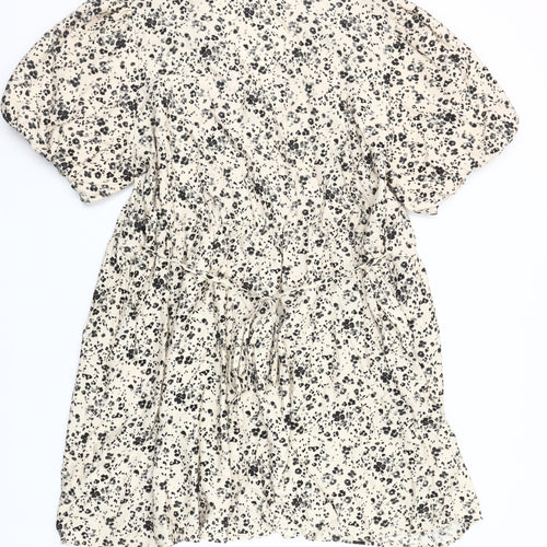 Primark Women Beige Floral Short A-Line Dress 2XL V-Neck Puff Sleeve