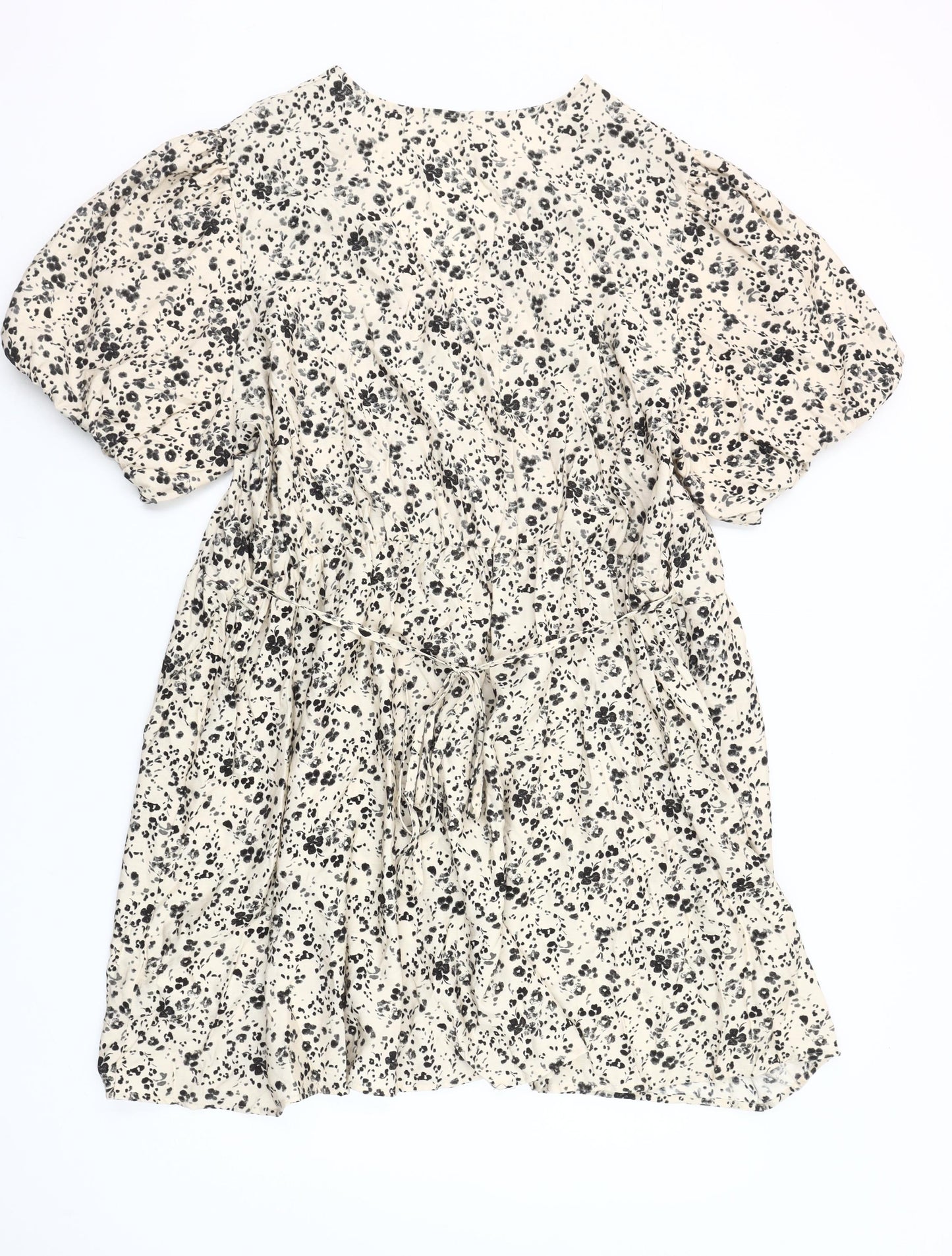 Primark Women Beige Floral Short A-Line Dress 2XL V-Neck Puff Sleeve