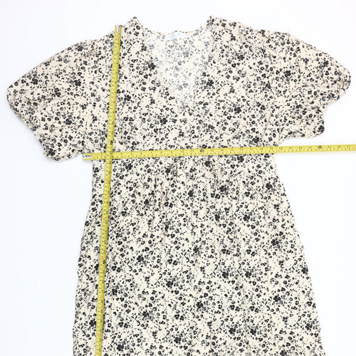Primark Women Beige Floral Short A-Line Dress 2XL V-Neck Puff Sleeve