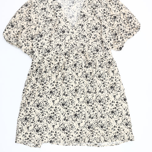 Primark Women Beige Floral Short A-Line Dress 2XL V-Neck Puff Sleeve
