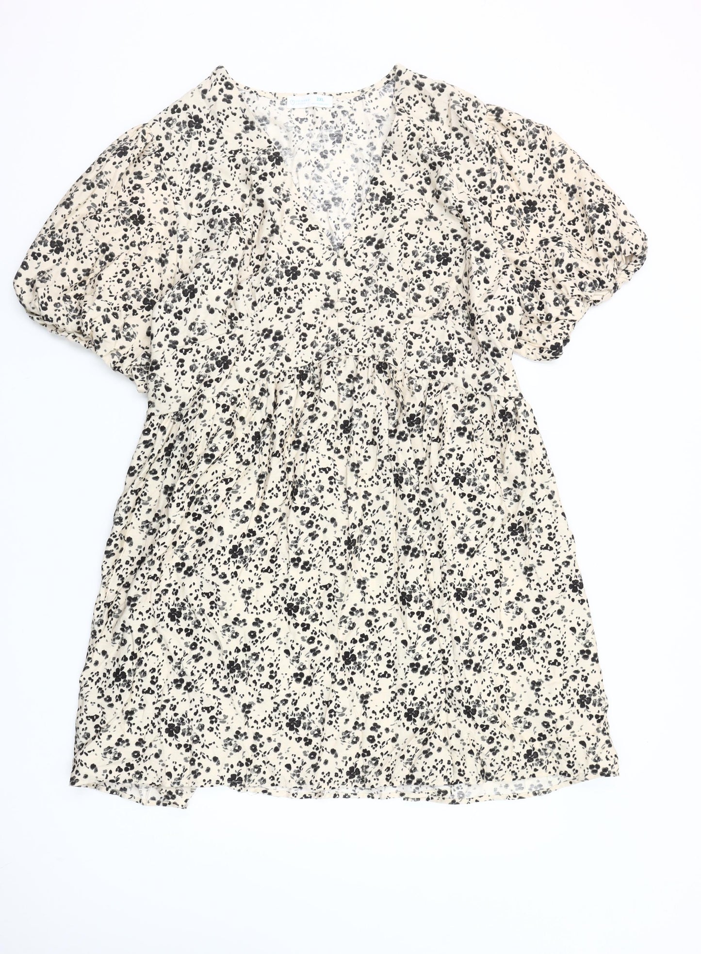 Primark Women Beige Floral Short A-Line Dress 2XL V-Neck Puff Sleeve