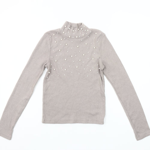 ZARA Women Beige Mock Neck Beaded Slim Fit Knit Jumper Size S
