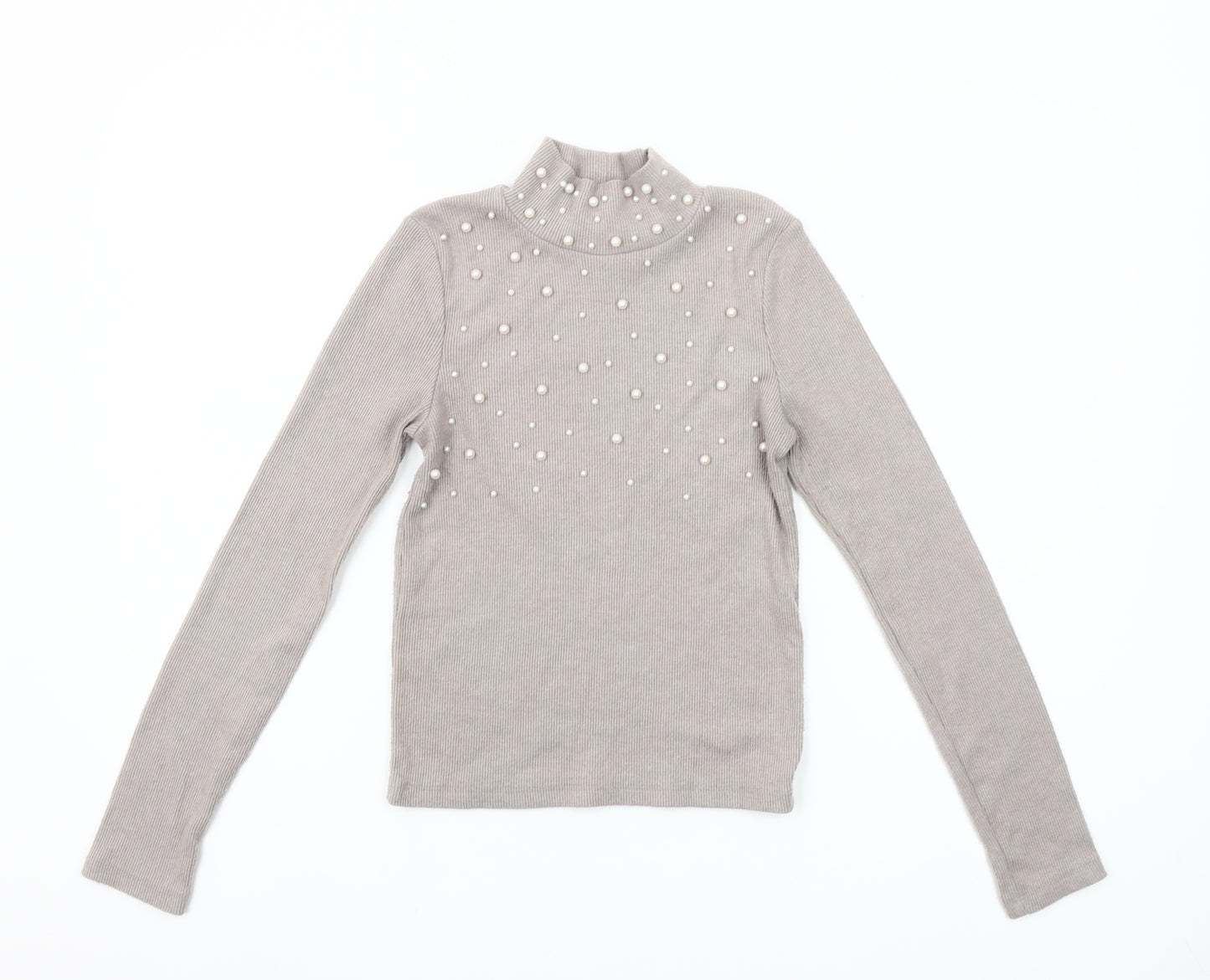 ZARA Women Beige Mock Neck Beaded Slim Fit Knit Jumper Size S