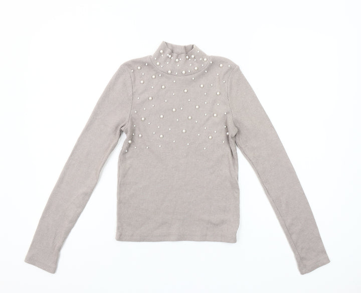 ZARA Women Beige Mock Neck Beaded Slim Fit Knit Jumper Size S
