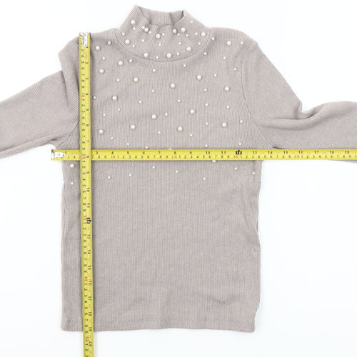 ZARA Women Beige Mock Neck Beaded Slim Fit Knit Jumper Size S