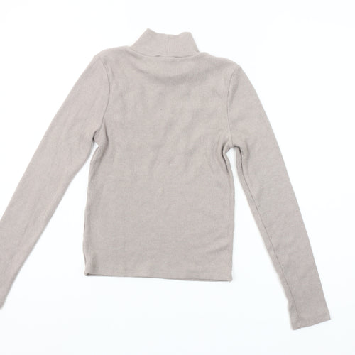 ZARA Women Beige Mock Neck Beaded Slim Fit Knit Jumper Size S