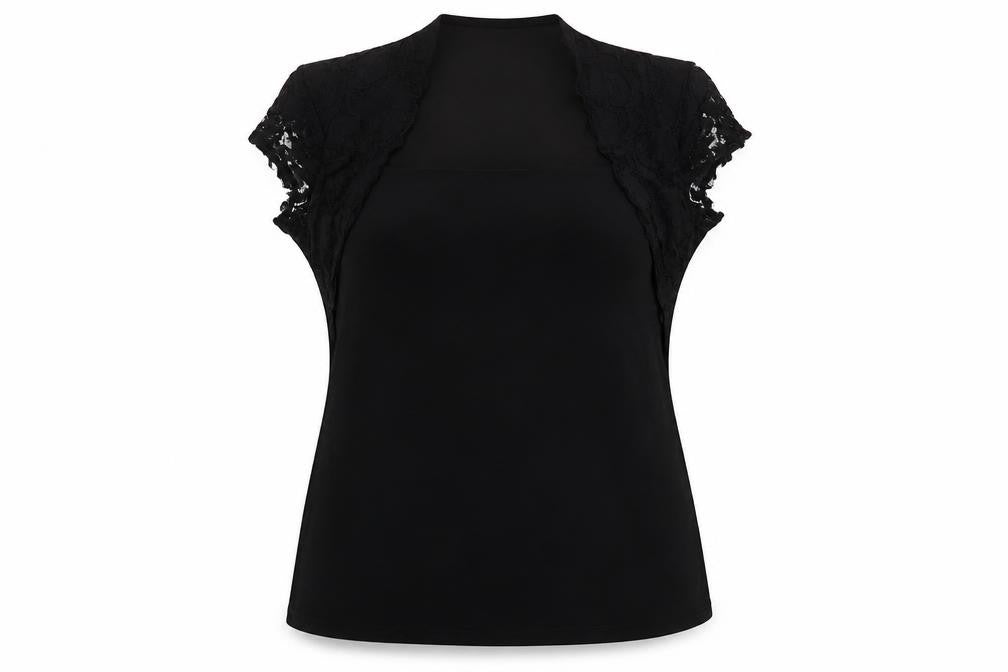 Front view of Wallis women’s black lace cap sleeve camisole blouse, size UK 16