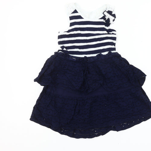 Max Studio Girls Blue Striped Lace Bow Skater Dress 5-6 Years