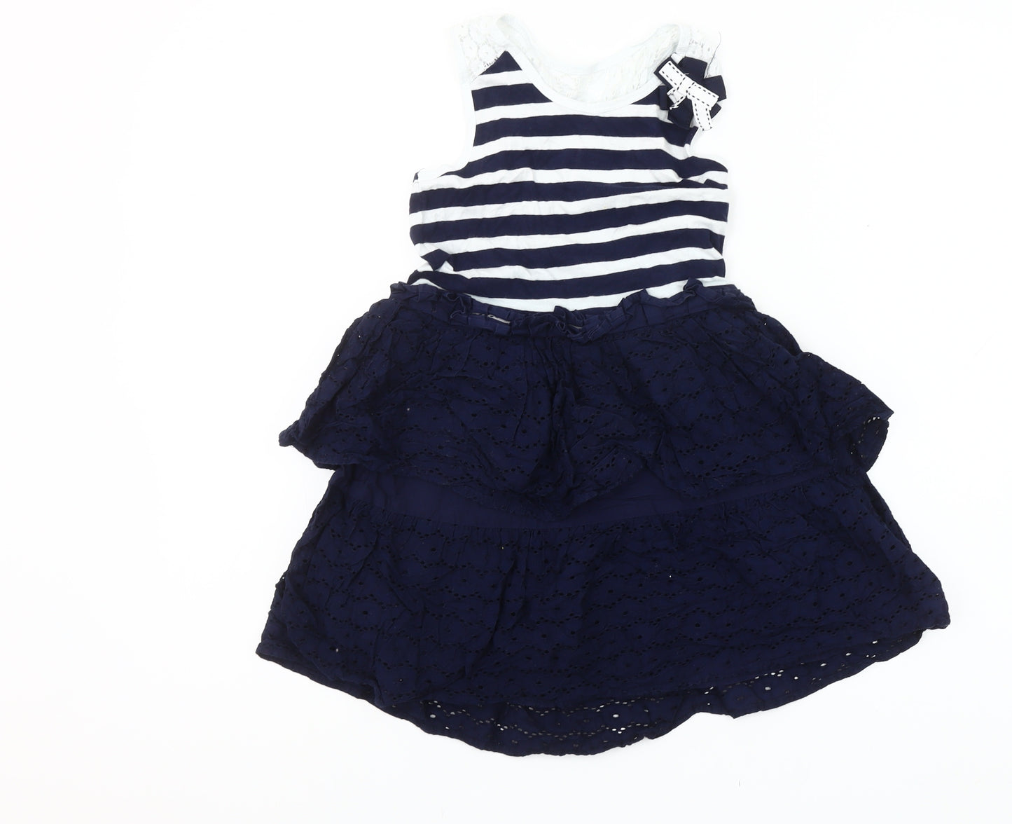 Max Studio Girls Blue Striped Lace Bow Skater Dress 5-6 Years