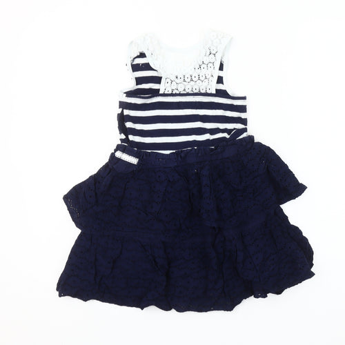 Max Studio Girls Blue Striped Lace Bow Skater Dress 5-6 Years