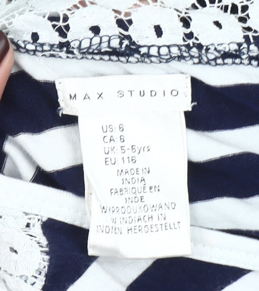 Max Studio Girls Blue Striped Lace Bow Skater Dress 5-6 Years