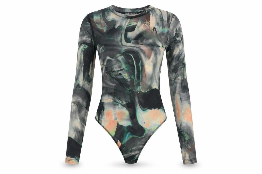 Front view of Zara women’s multicoloured long sleeve mesh bodysuit, size S, uk 8