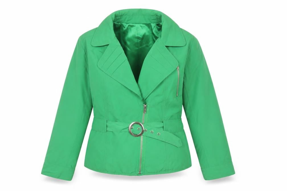 Front view of Papaya women’s green belted biker jacket, size UK 14, polyester