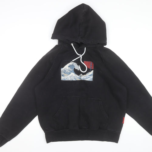 D4 Men's Black Pullover Hoodie M Embroidered Wave Art Design