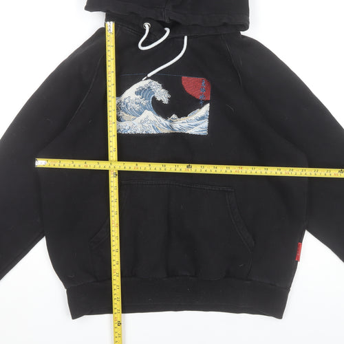 D4 Men's Black Pullover Hoodie M Embroidered Wave Art Design