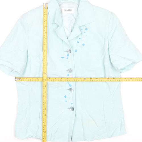 Cavita Collections Women's Blue Beaded Linen Blend Short Sleeve Blazer Size 12